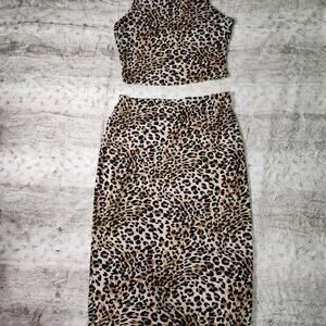 Leopard Print Two-Piece Midi Dress - Tan/Black